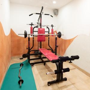 a gym with a red bench and a treadmill at Hotel Landhaus Ausswinkl in Russbach am Pass Gschütt