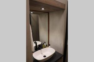 du Repos (Lovely & Relaxing 2-Bedroom Unit with Patio) في جلوسوب: حمام مع حوض أبيض ومرآة