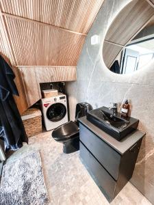 a bathroom with a sink and a washing machine at Levi Sensu - Levi Sky Igloos in Sirkka