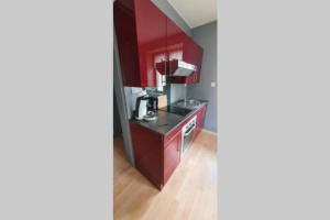 een kleine keuken met rode kasten en een wastafel bij Superbe appartement 2 a 6 pers. hyper cocooning in Gérardmer
