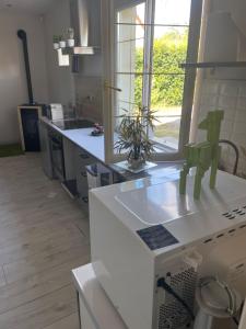 uma cozinha com um balcão branco e uma janela em Joli Studio confort indépendant coeur de Sologne em Lamotte-Beuvron