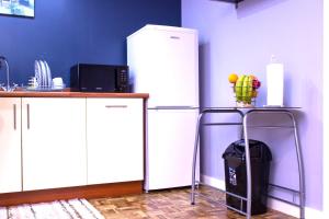 a kitchen with a refrigerator and a table with a basket of fruit at Allen Luxury Apartment in Coventry