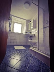 łazienka z umywalką, toaletą i oknem w obiekcie Haus Crestas w mieście Samnaun