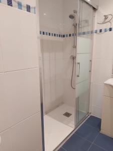 prysznic ze szklanymi drzwiami w łazience w obiekcie Joyitas Gandía Beach w mieście Playa de Gandia +17 zdjęć