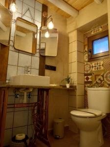 a bathroom with a toilet and a sink and a mirror at La Herrerita in Candelario