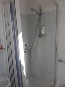 a shower with a glass door in a bathroom at Guest house ELENA in Genoa