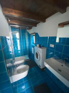 bagno piastrellato blu con lavandino e lavatrice di Casa del Gelso a Pisciotta