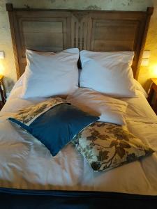 - un lit avec 2 oreillers et une couverture dans l'établissement Chambre d'Hôtes La Ferme du Pré-Martin, à La Génevraie