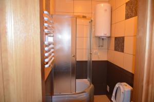 a bathroom with a shower with a toilet and a sink at Atlant Hotel in Ostroh