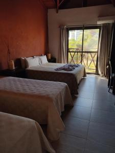 メルロにあるHotel posada barrancas del solのベッドが2つと窓があるホテルの部屋