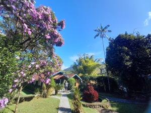 a garden with purple flowers and a house at Repousada Sana in Sana