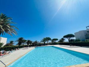 einen Pool in einem Resort mit Palmen in der Unterkunft Bord de plage avec grande piscine - Vue montagne in Saint-Cyprien