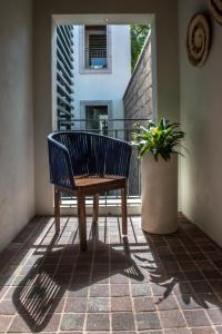 a blue chair sitting on a patio with a potted plant at Casa Cien Hilos in San Miguel de Allende