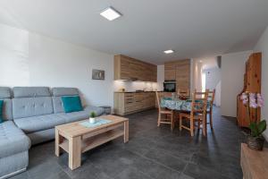 ein Wohnzimmer mit einem Sofa und einem Tisch sowie eine Küche in der Unterkunft Les Volets Bleus in Morges