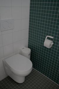a bathroom with a toilet and a green tiled wall at HAAUS in Weinstadt