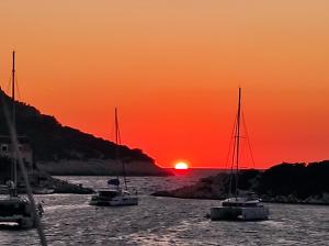 a group of boats in the water at sunset at Apartmani Kate in Lastovo