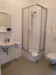 a bathroom with a shower and a toilet and a sink at Hotel Alpin Murau in Murau