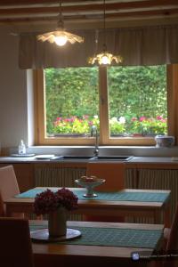 a kitchen with a table and a window with flowers at Casa Acquariana in Belluno