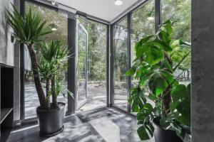 a room with windows and potted plants at Dovzhenko in Odesa