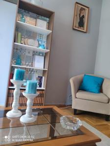 - un salon avec une chaise et une étagère dans l'établissement Relaxation and Vacation with all the Comforts, à Athènes