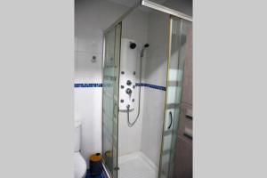 W łazience znajduje się prysznic ze szklanymi drzwiami. w obiekcie RECOMENDADO: Wifi+ 12 min ayto + 4 habs dobles + PARKING w mieście Oviedo