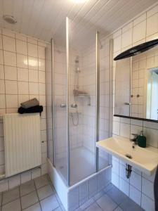 a bathroom with a shower and a sink at 14 Bienenstock in Parchtitz