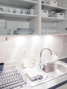 um balcão de cozinha com um lavatório e pratos nas prateleiras em Studio Omis em Zermatt