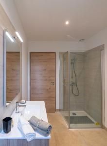 uma casa de banho com um lavatório e um chuveiro em Casa di Marina em Santa-Lucia-di-Moriani