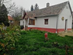 una casa blanca y roja con una boca de incendios en el patio en Traditionelles Bauernhaus Flieder, en Zalaszentgrót