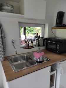 a kitchen counter with a sink and a microwave at Casa Foresta - minimalistisches 1-Raum Tiny House direkt am Wald in Wingst