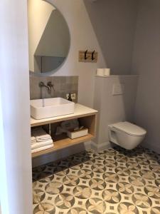 a bathroom with a sink and a toilet and a mirror at Cire Bed and Breakfast in Meerhout