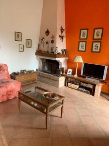 a living room with orange walls and a fireplace at VILLA STELLA in Montalcino