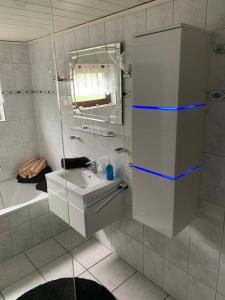 a bathroom with a sink and a shower with a mirror at Stadtrand Wilhelmshaven in Schortens