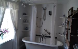 a white bath tub in a bathroom with a shower at Brookside in Allonby