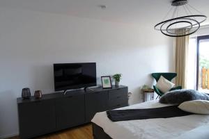 um quarto com uma televisão de ecrã plano na parede em Modernes Apartment mit Traumhaftem Blick ins Grüne em Bräunlingen