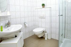 a bathroom with a toilet and a sink and a shower at Appartement 5 in Hilter in Hilter am Teutoburger Wald