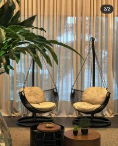 two swing chairs and a plant in a room at L´acordes Hotel in Porto Velho