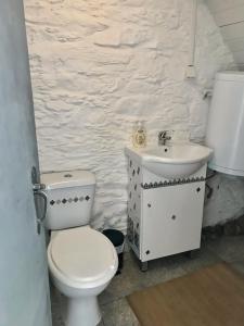 a white bathroom with a toilet and a sink at Thistle Cottage Alojamento Local in Gatas