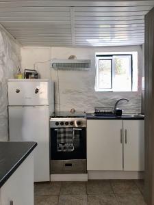 eine Küche mit einem Herd und einem Kühlschrank in der Unterkunft Thistle Cottage Alojamento Local in Gatas
