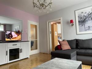 un salon avec un canapé et une télévision à écran plat dans l'établissement Spacious 2 bedroom apartment Zell-am-See town center, à Zell am See