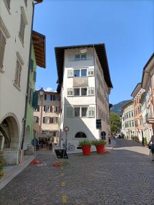 トレントにあるLe Meridiane Luxury Rooms In Trentoの石畳の通りに建つ高い白い建物