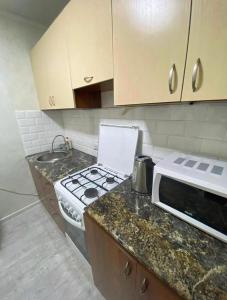 a kitchen with a stove and a microwave at Апартаменты на Ахметова 6 in (( Turksib ))