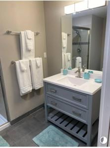 a bathroom with a sink and a mirror and towels at Trendy Midtown Lofts in Cleveland