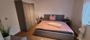 a small bedroom with a bed with a pink blanket at Ferienwohnung Spessartbude in Schollbrunn