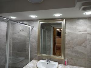 a bathroom with a sink and a shower and a mirror at Login house A in Derry Londonderry