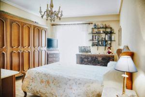 una camera da letto con un letto e un lampadario di Apartamentos GARDEN a Salamanca