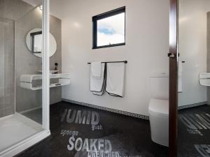 a bathroom with a toilet and a sink and a mirror at Reverie 101 in Lyonville