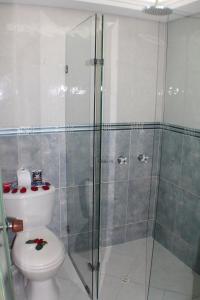 a bathroom with a toilet and a glass shower at Hotel Business in Bogotá