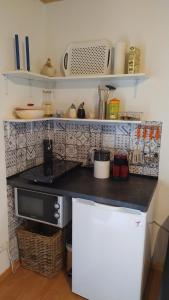 a kitchen with a counter top with a microwave at Appartement Schönberger in Rodder