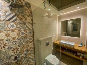 a bathroom with a toilet and a sink and a mirror at La Riviera Barbati Seaside Apartments & villas in Barbati